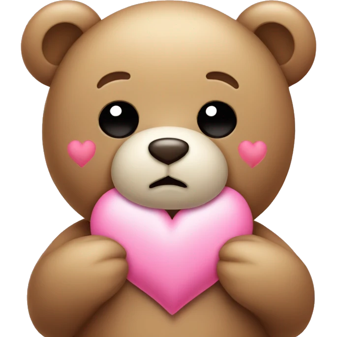 Kawaii Teddy bear with sad eyes holding a pink heart emoji
