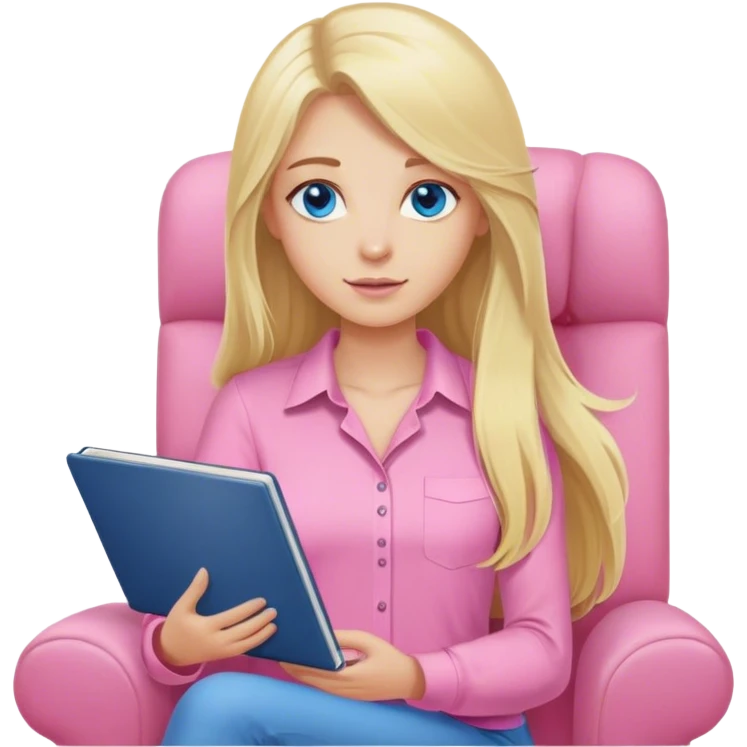 A cinematic realistic blonde with long hair and blue eyes, dressed in a pink shirt, sits on an armchair with a notebook in her hands emoji