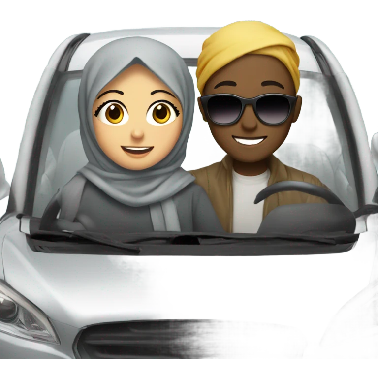 One girl wearing hijab and one boy with sunglasses smiling in car emoji