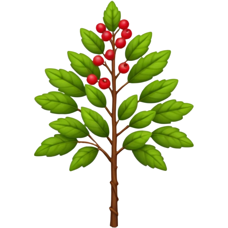 A tall shrub with layered leaves and a few small berries. emoji
