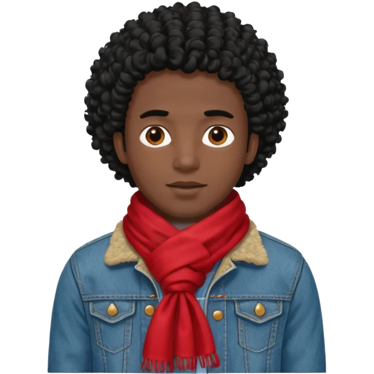 black skin man, curly black hair wear red scraft, jean jacket emoji