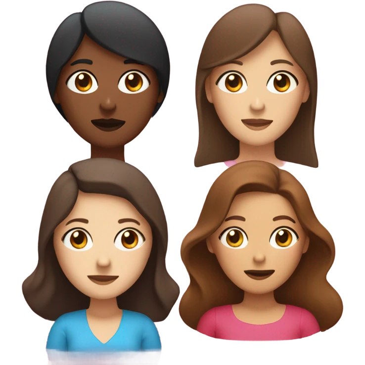 two ladies in love with a heart. the one on the left is a white lady with blue eyes and a brown bob with a pink shirt. the second is a venezuelan lady with brown eyes and dark brown hair with a red dress emoji