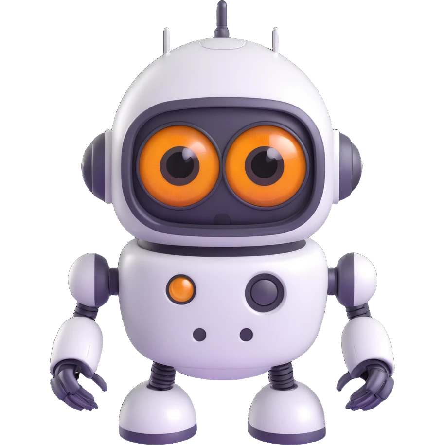 Friendly robot with big expressive eyes — round head, glossy finish, slightly clumsy but charming (think Wall-E meets Baymax). emoji