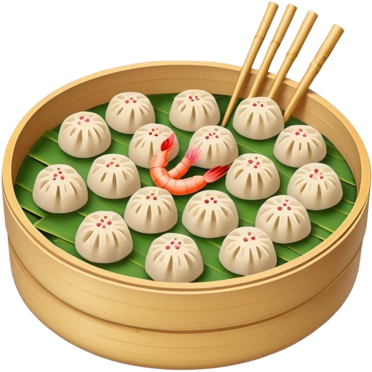 Cantonese dim sum bamboo steamer with shrimp dumplings, simplified emoji style with bold outlines and bright colors, cartoon style Chinese dim sum emoji