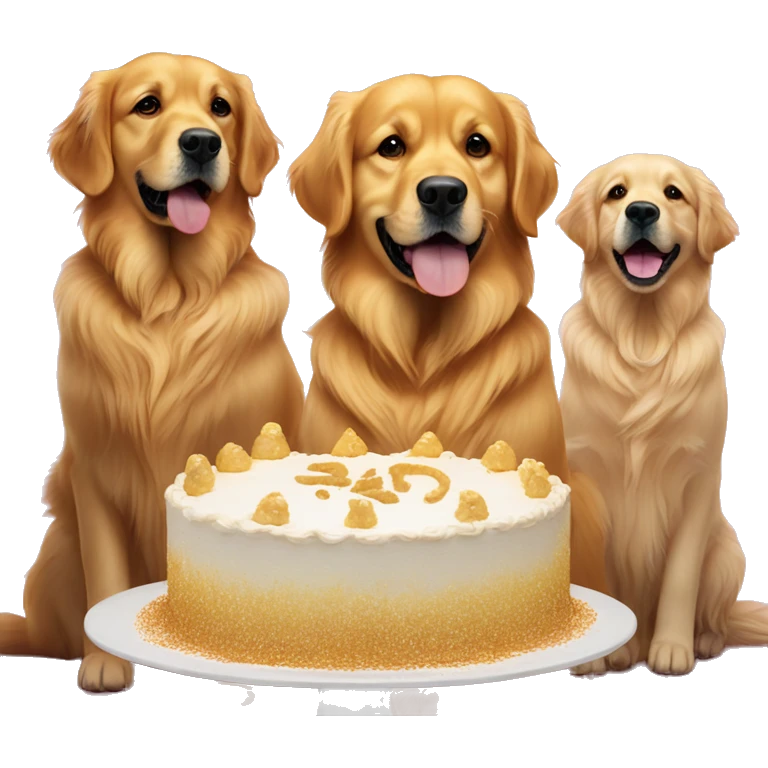 Five golden retrievers in front of cake emoji