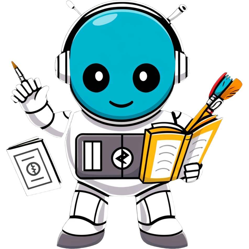 A shiny metal robot man with a circular chest plate divided into four segments, each featuring an art symbol: paintbrush, musical note, drama masks, and book emoji