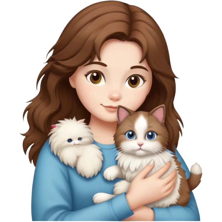 brown-haired girl holding a fluffy ragdoll cat emoji