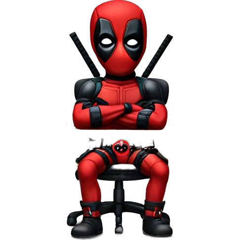 Cute Deadpool sitting at a desk, front view emoji
