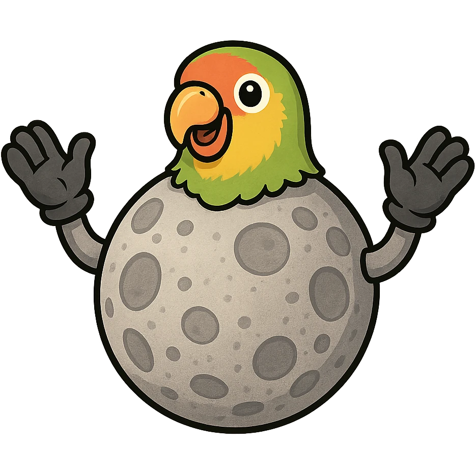 The Moon satellite with a small parrot head, with arms wearing gloves, with a happy expression emoji
