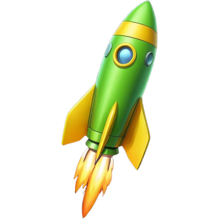 A single rocket, colored in yellow and neon green, glossy and smooth, cartoonish, vibrant colors, high detail, simple and cute design, isolated on white background, centered composition emoji