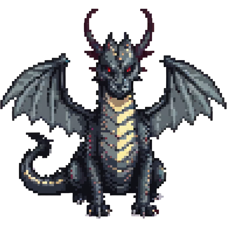 fierce black dragon with large wings and two medium horns, pixel art style emoji