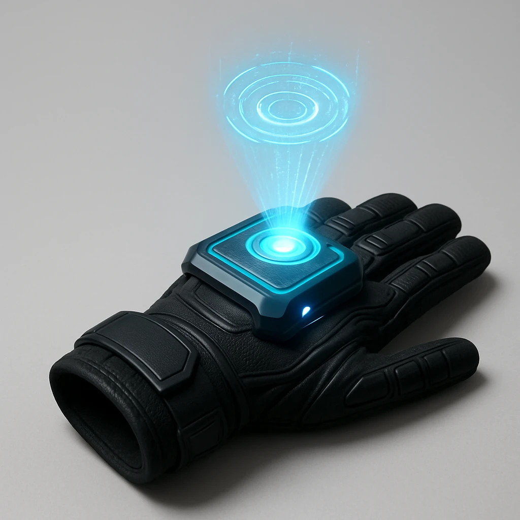 a black high-tech glove lying flat, with a holographic device emitting blue light, futuristic, glowing blue hologram, clean background emoji
