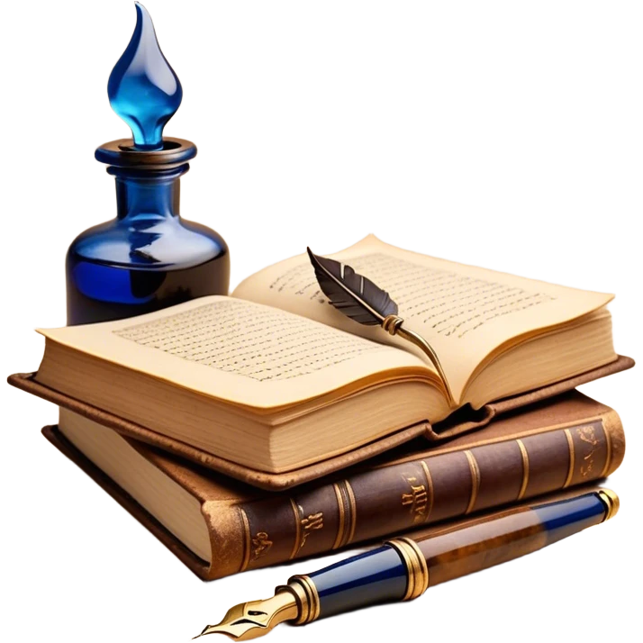 Create a vibrant emoji representing prose writing with an old-style, antique look. The design should include semi-turned pages of an old book with unfinished prose written on them. Add a vintage ink bottle (inkwell) and a classic fountain pen or quill with black or dark blue ink flowing onto the pages. Use warm, earthy tones like deep browns, golds, and creams for the book and ink bottle, with subtle ink splatters for an artistic touch. The overall style should evoke a sense of timeless storytelling and literary craftsmanship. Make the background transparent. emoji