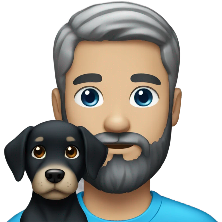 beard man black hair blue eyes holding black Labrador  emoji