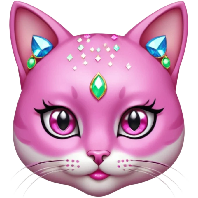 glamorous cat portrait, head and shoulders only, exaggerated pink makeup, bright eyeshadow, long eyelashes, shiny blush cheeks, sparkling face gems, glitter accents, elegant earrings, fantasy beauty style, cute 3D cartoon, mobile game icon style, clean background, no text, no watermark
 emoji