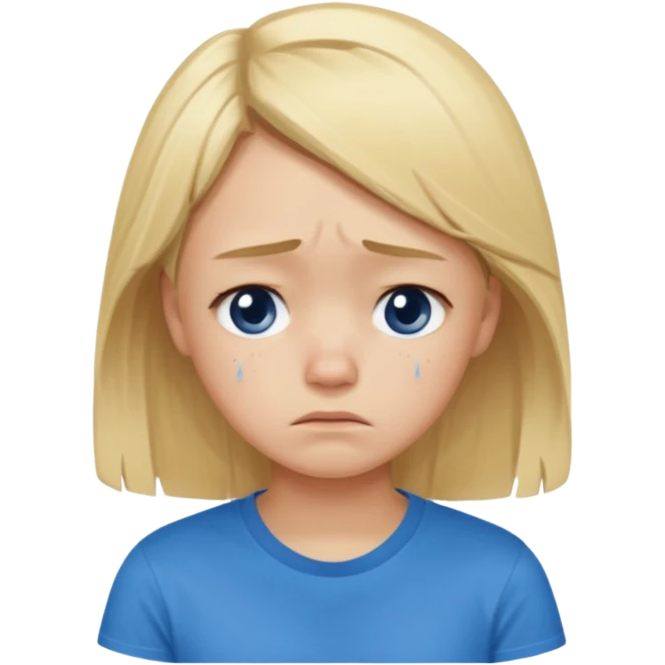 Young girl with blonde hair and a blue T-shirt, looking sad and discouraged emoji