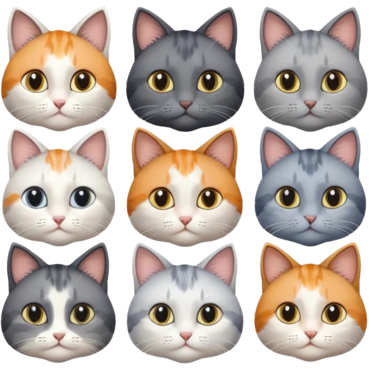 6 realistic looking cats with different natural coloured coats, assorted grey and white, greys, calico colours etc
 emoji