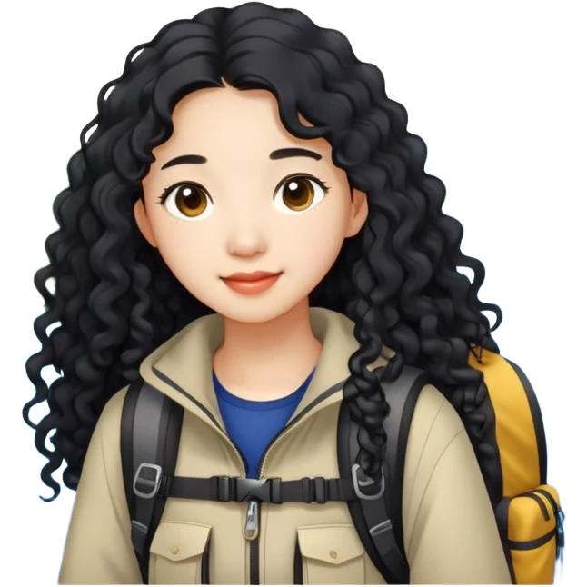 A Chinese girl around 20 years old and have long curly black hair likes travel (hiking or diving) emoji