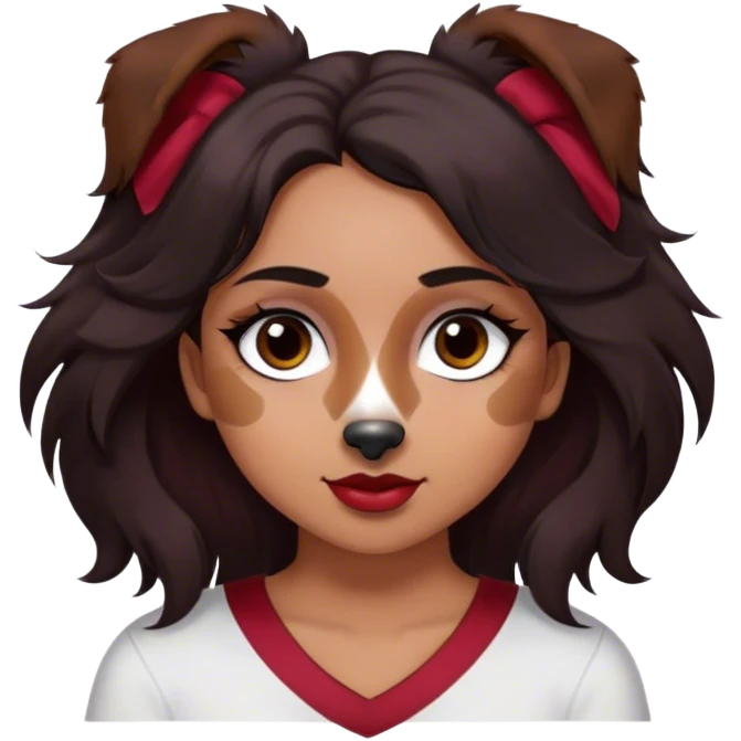 One latina girl with long beautiful dark hair and dark eyes in a dark red v neck and makeup with one black brown and white tricolored  Australian shepherd large emoji