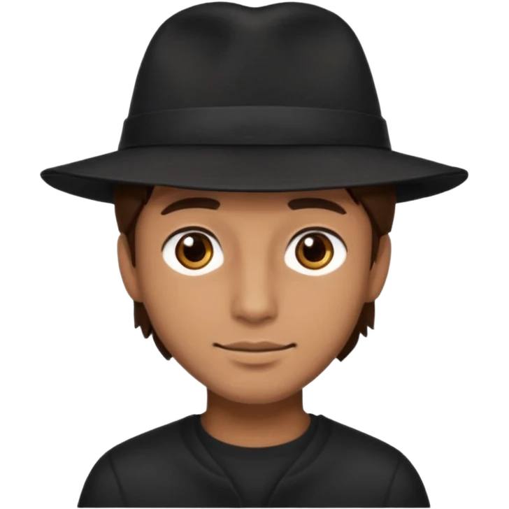 male, brown hair, brown eyes, white, black hat emoji