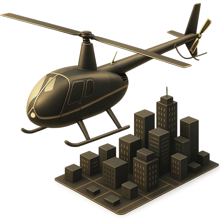 a Robinson helicopter, flying over a city, 3D black style emoji