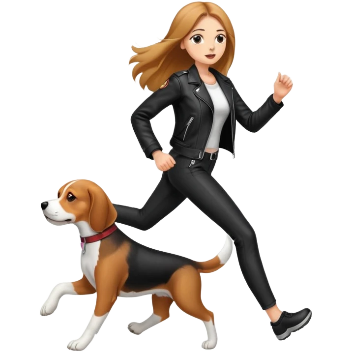 A beautiful tall girl with fair skin and long hair wearing a black leather jacket and black pants running with Beagle emoji