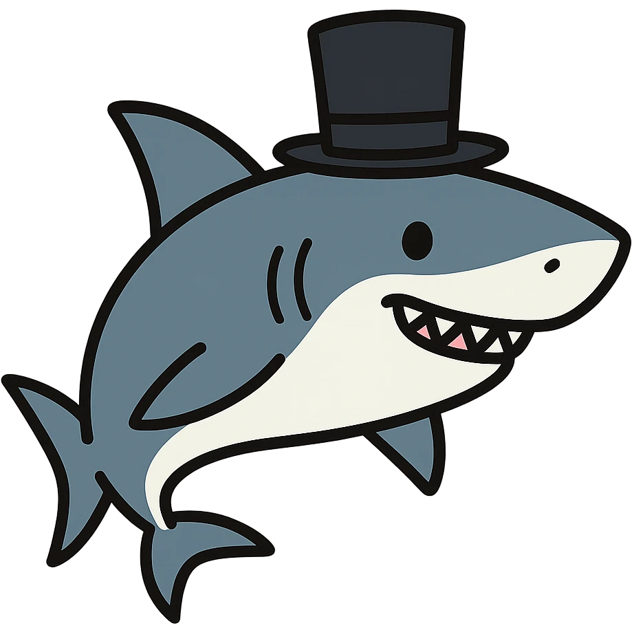 flat toon style shark wearing a top hat emoji