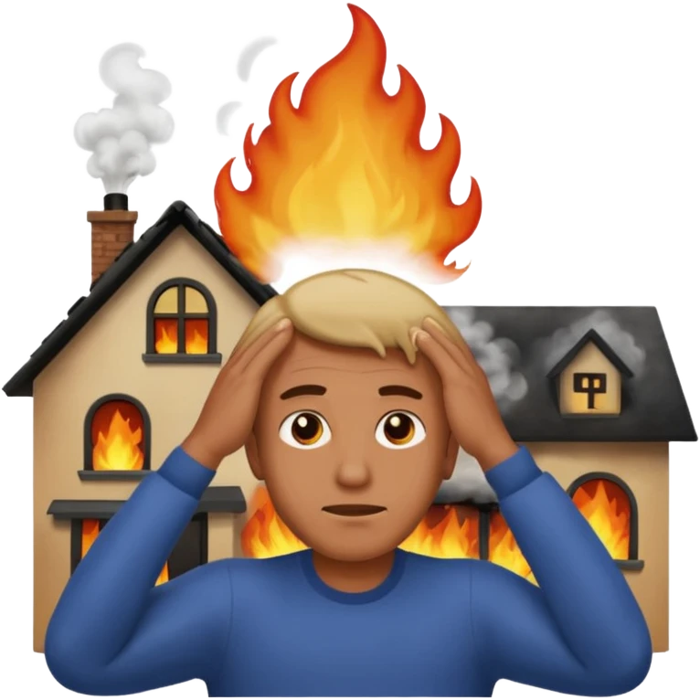 a man stands with his hands on his head, a house on fire behind him, with more smoke, apple style emoji emoji