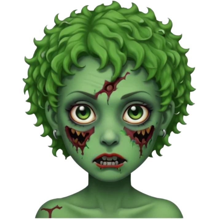 faça uma cabeça verde de zumbi femenina, com im cabelo curtinho cacheado, piercing no nariz, e brincos na orelha e várias cicatrizes, deixe ela macabra emoji