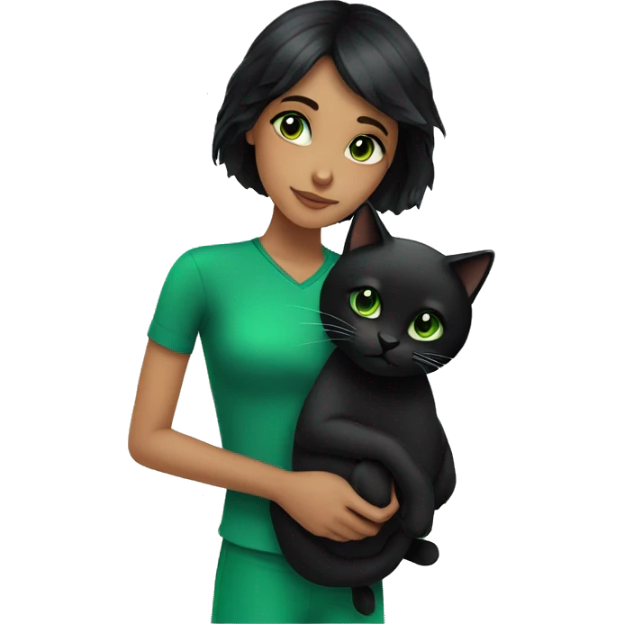 Girl with black hair holding a black cat with green eyes  emoji