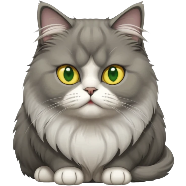 Persian cat with long gray fur, white patch on forehead, white chest, big yellow-green eyes, sitting position, emoji style emoji