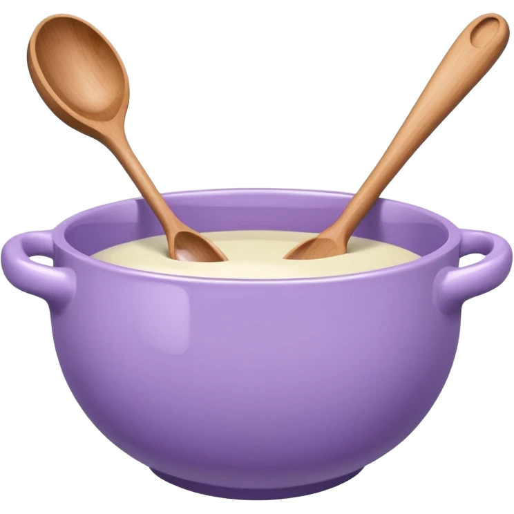 a lilac ceramic mixing bowl with a wooden spoon stirring emoji