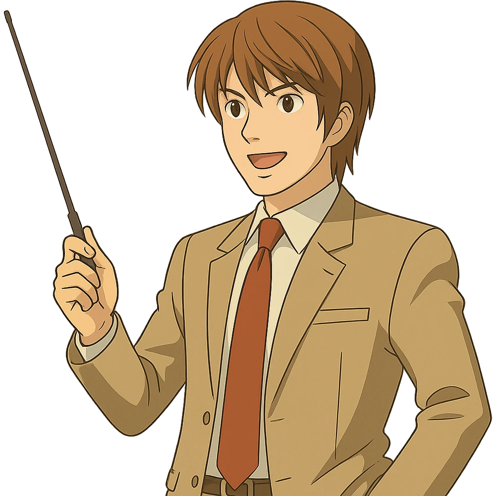 Light Yagami in Ghibli style, standing and pointing a teacher's stick upward, confident expression, transparent background. emoji