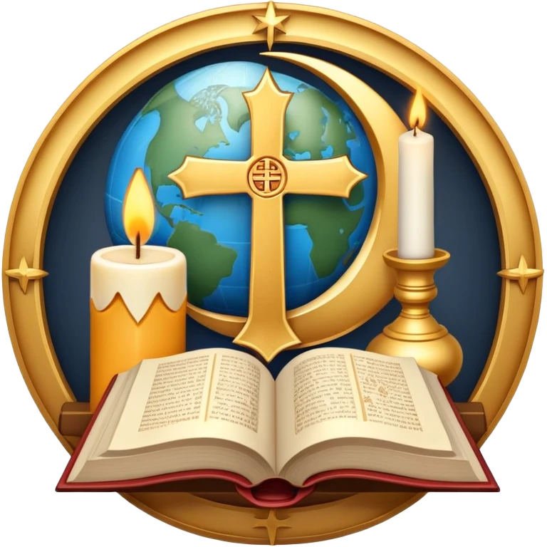An icon featuring a holy book, a candle, a cross, and Islamic crescent and star, alongside a Buddhist wheel of Dharma, symbolizing religious studies. The design includes a globe with these symbols, representing the diversity of beliefs. Transparent background  emoji