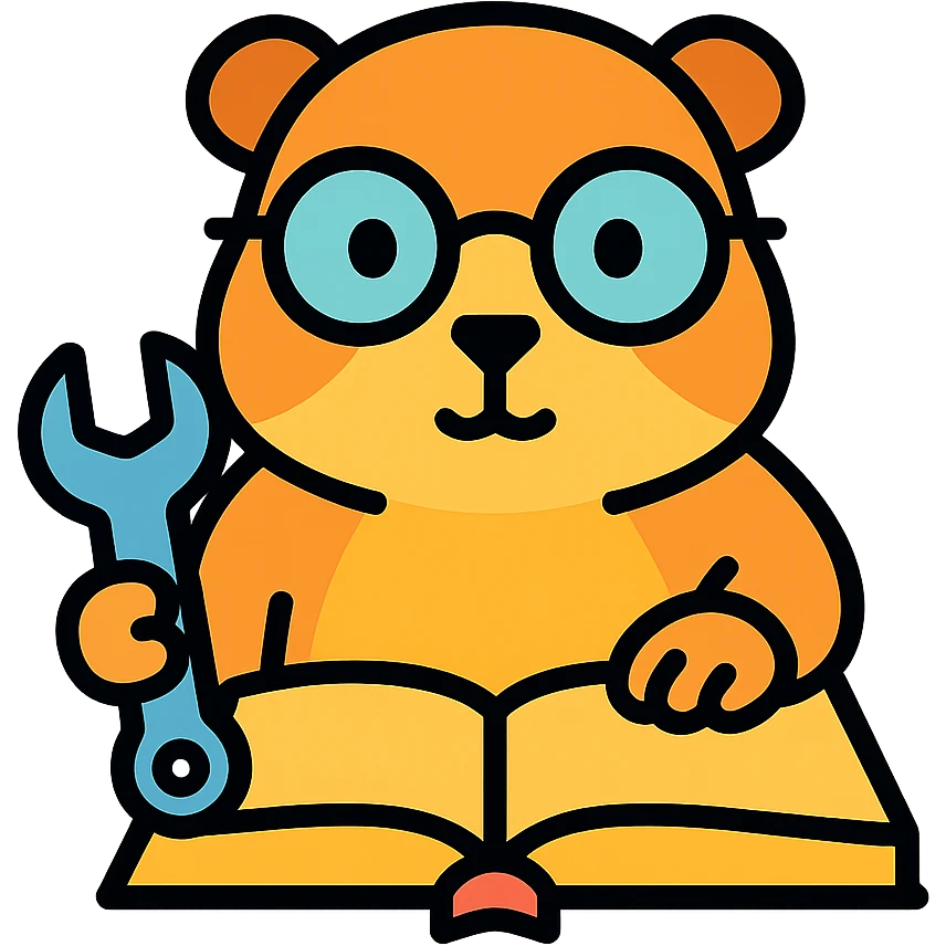 studious guinea pig with glasses, holding a wrench and fixing a book, color outline icon emoji