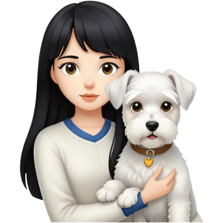 Girl with long black hair and bangs holding a white schnauzer dog emoji
