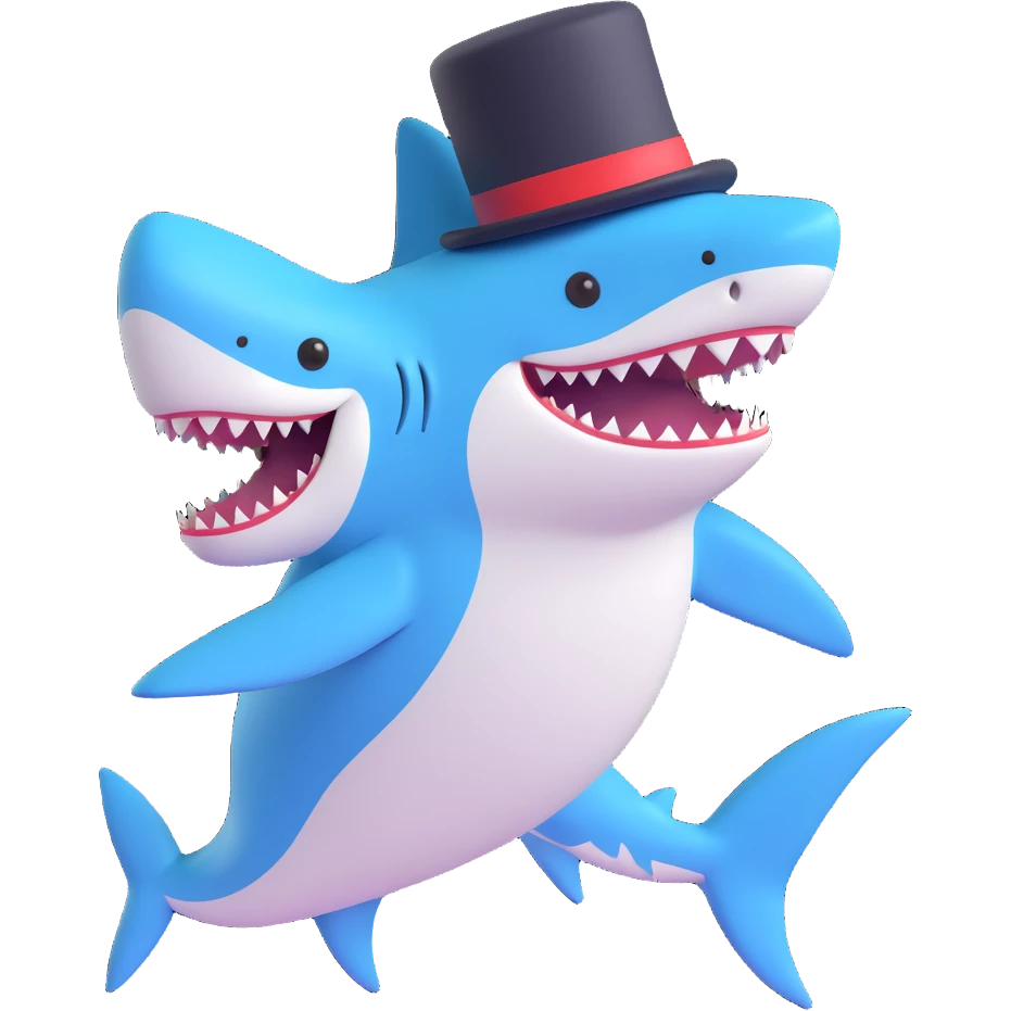 playful and charming full body shark wearing a top hat emoji