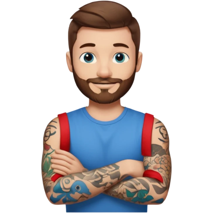 25-year-old man, blue eyes, brown hair, short beard, tattoos on left arm, arms crossed, smiling, emoji style emoji
