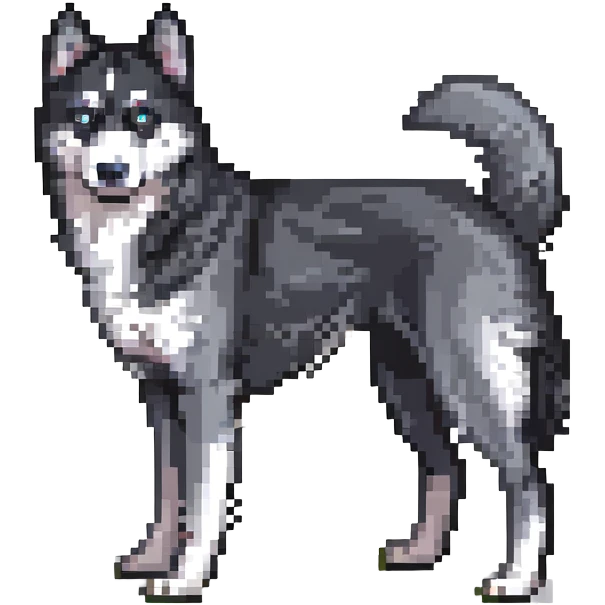 pixel art of a black husky dog, standing, tail curled emoji