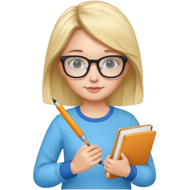 cute girl, glass, smart, Sky-blue colored clothing,
holding a book in one arm and a pen in the other hand.Holding a pen in the right hand as if teaching.Wearing black glasses, with a smart and bright-looking face. emoji