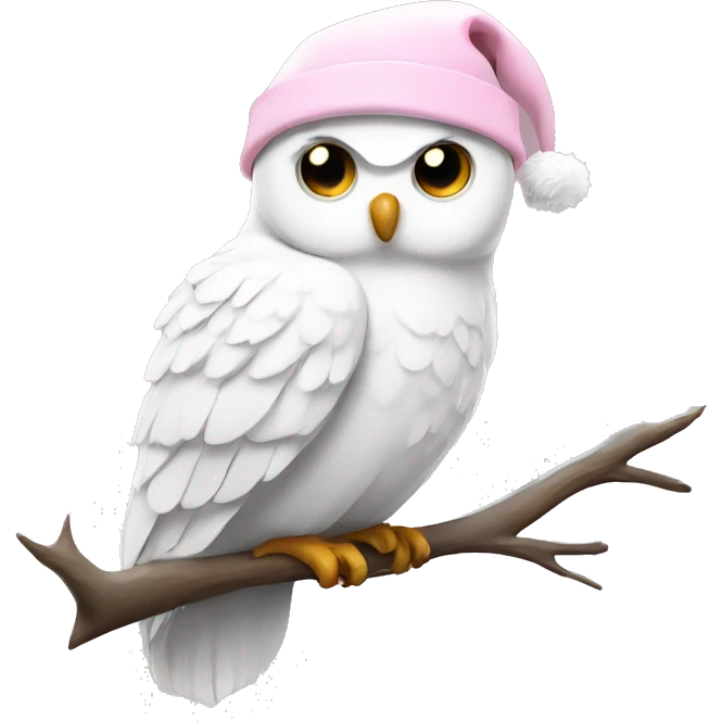 White owl on branch with light pink Christmas hat  emoji