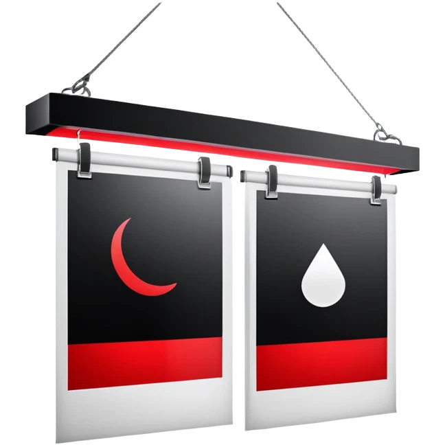 Darkroom with red safelight and hanging film negatives drying emoji