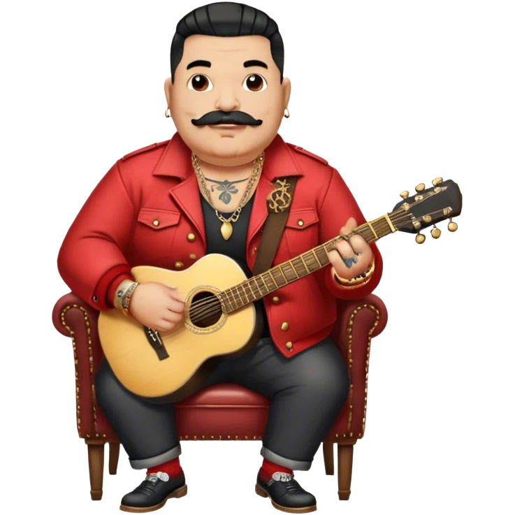 Icon for Chanson: Old fat chanson singer with tattoos and small moustache, red jacket, gold chains and braslettes, sitting on a chair with an acoustic guitar and standing microphone. No earrings. The atmosphere should reflect a nostalgic, soulful vibe with vintage elements. Transparent background. emoji