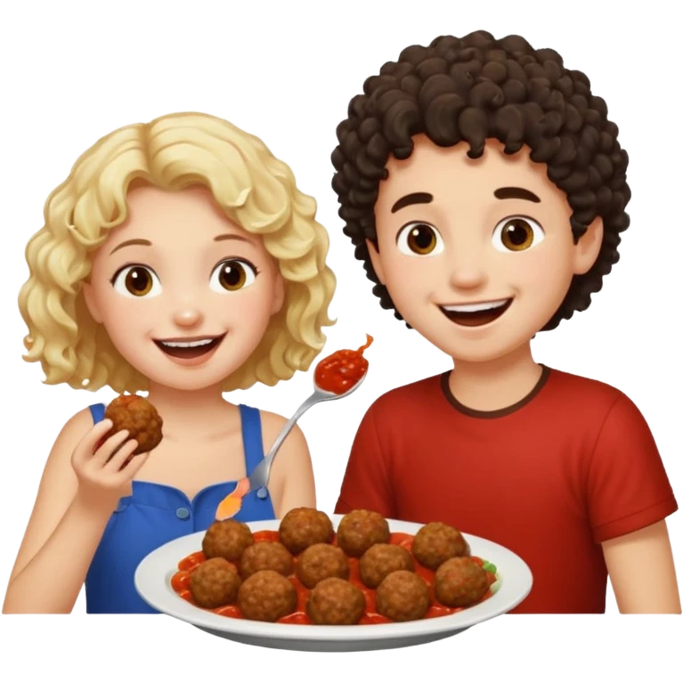 Ragazza bionda leggermente riccia che ride ad un ragazzo con i capelli ricci scuri mentre mangia polpette emoji