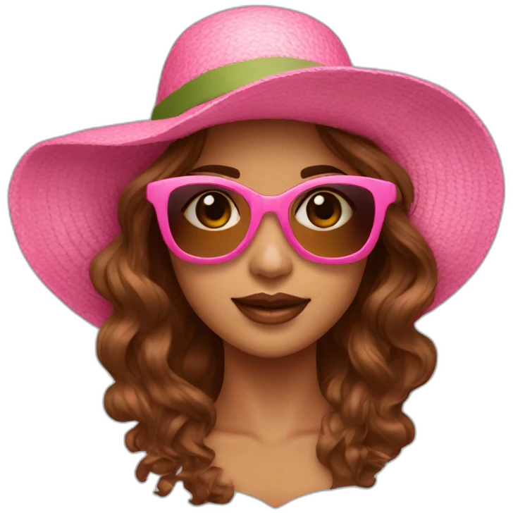 pink sunglasses on female head with wavy brown hair and a summer hat emoji