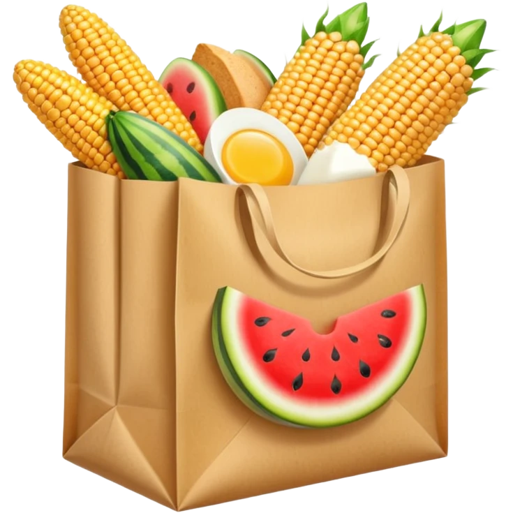 Paper grocery store bag filled with corn cobs, bread loafs, watermelon slices, eggs, and milk carton emoji