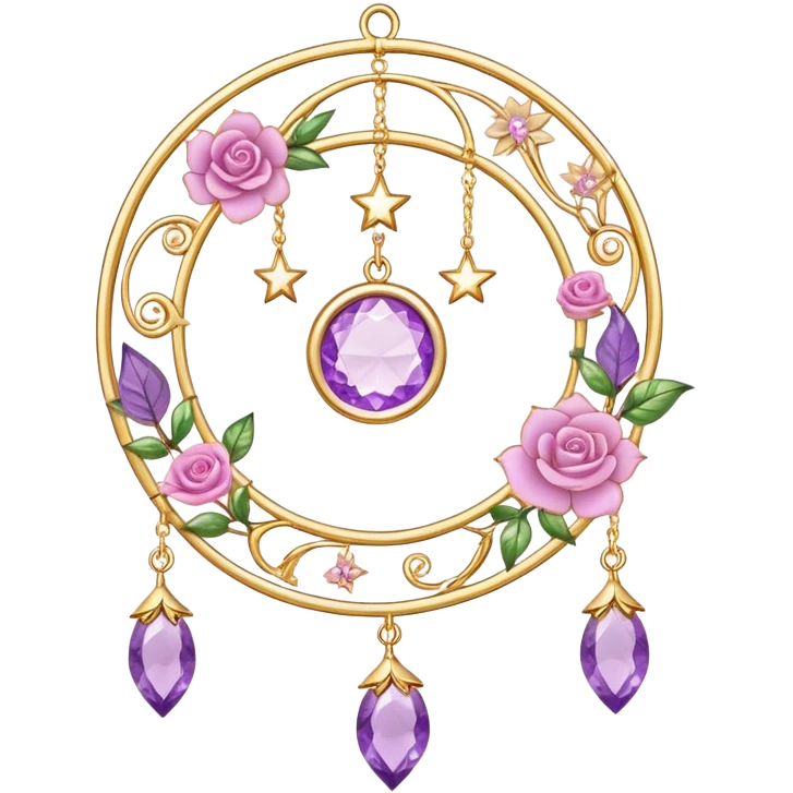 Epic beautiful gorgeous cute gold suncatcher, threads with shiny sparkly amethyst and rose-quartz gemstones, flowers, crescents-moons, stars, leaves emoji