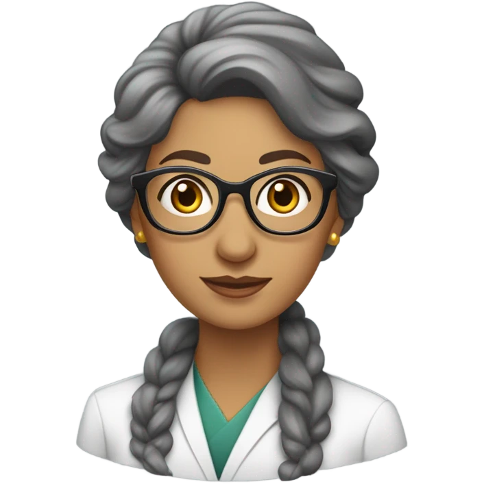 Professora com jaleco branco, morena clara, com cabelos longo castanho escuro, penteado uma trança de lado, usando brinco e óculos de grau redondo. emoji
