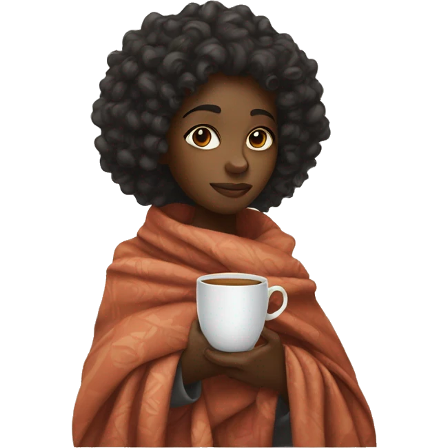 a black girl with curly hair wrapped in a blanket with a cup of tea emoji