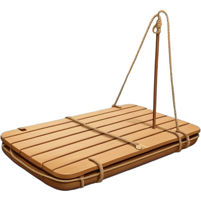 showing a simple wooden raft floating on calm blue water — made of several brown logs tied together with rope — gentle ripples around it — bright, cheerful lighting and soft shadows — minimalist, clean emoji design emoji